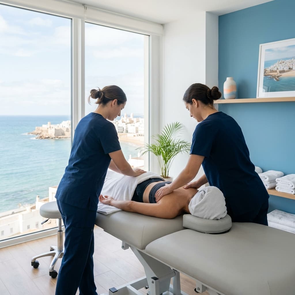 Sesión de fisioterapia profesional junto al mar